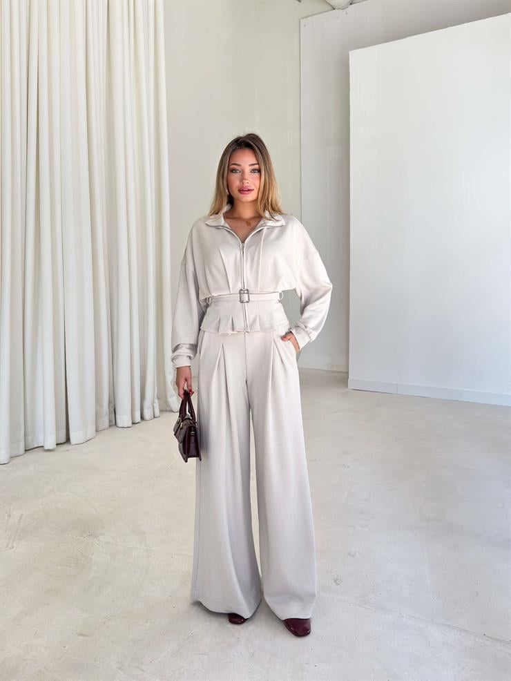 Fermuar Detaylı Beli Kemerli Alt Kısmı Pileli Herli Taş Kadın İkili Takım 26K126