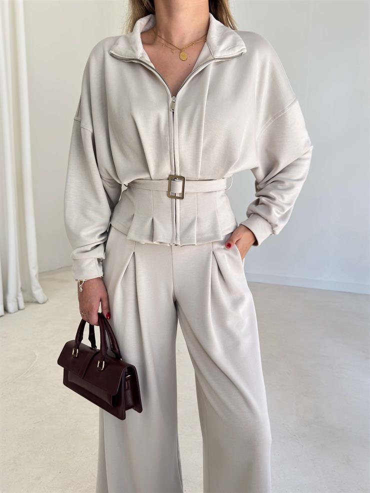 Fermuar Detaylı Beli Kemerli Alt Kısmı Pileli Herli Taş Kadın İkili Takım 26K126