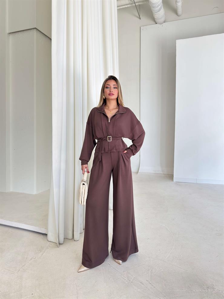 Fermuar Detaylı Beli Kemerli Alt Kısmı Pileli Herli Kahve Kadın İkili Takım 26K126