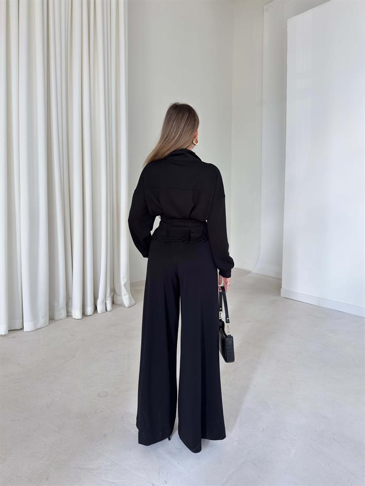 Fermuar Detaylı Beli Kemerli Alt Kısmı Pileli Herli Siyah Kadın İkili Takım 26K126