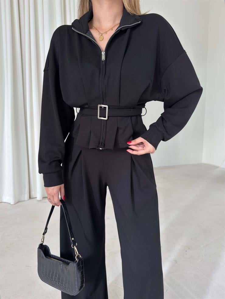 Fermuar Detaylı Beli Kemerli Alt Kısmı Pileli Herli Siyah Kadın İkili Takım 26K126