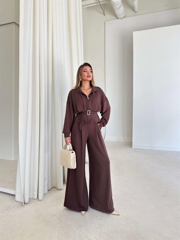 Fermuar Detaylı Beli Kemerli Alt Kısmı Pileli Herli Kahve Kadın İkili Takım 26K126