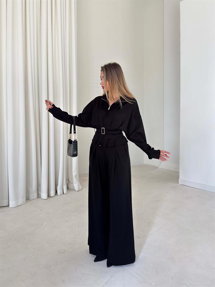 Fermuar Detaylı Beli Kemerli Alt Kısmı Pileli Herli Siyah Kadın İkili Takım 26K126