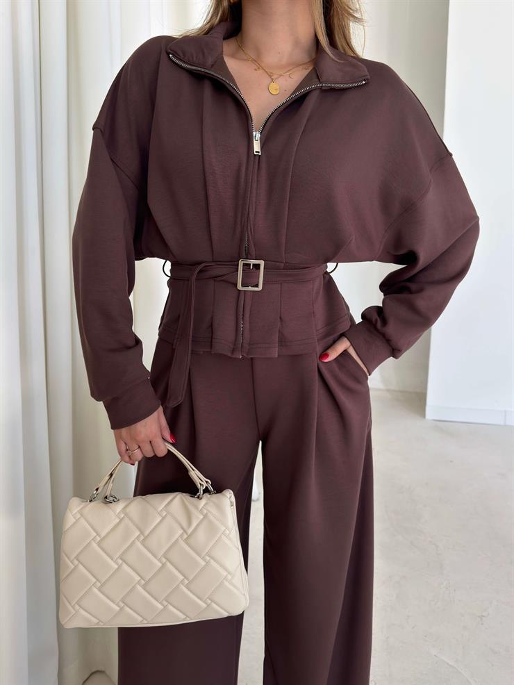 Fermuar Detaylı Beli Kemerli Alt Kısmı Pileli Herli Kahve Kadın İkili Takım 26K126