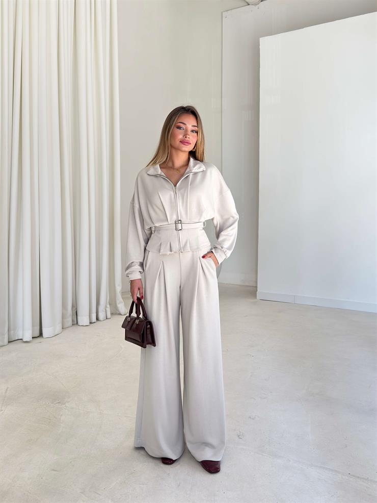 Fermuar Detaylı Beli Kemerli Alt Kısmı Pileli Herli Taş Kadın İkili Takım 26K126