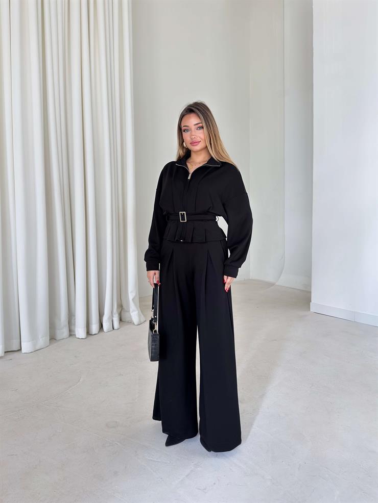 Fermuar Detaylı Beli Kemerli Alt Kısmı Pileli Herli Siyah Kadın İkili Takım 26K126