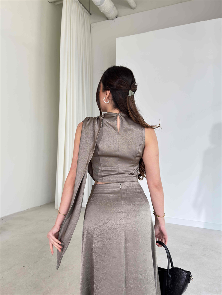 Asimetrik Kesim Drape Detaylı Kendinden Şallı Hevren Haki Kadın İkili Takım 26Y052