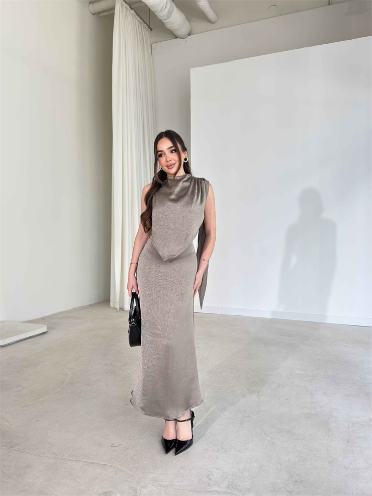 Asimetrik Kesim Drape Detaylı Kendinden Şallı Hevren Haki Kadın İkili Takım 26Y052