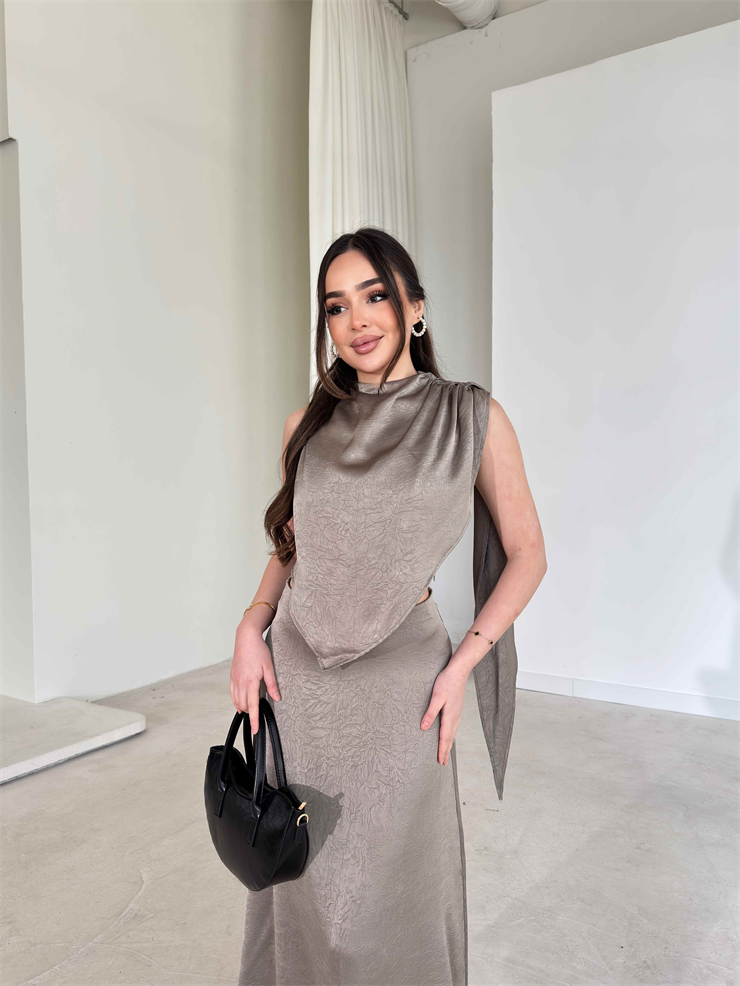 Asimetrik Kesim Drape Detaylı Kendinden Şallı Hevren Haki Kadın İkili Takım 26Y052