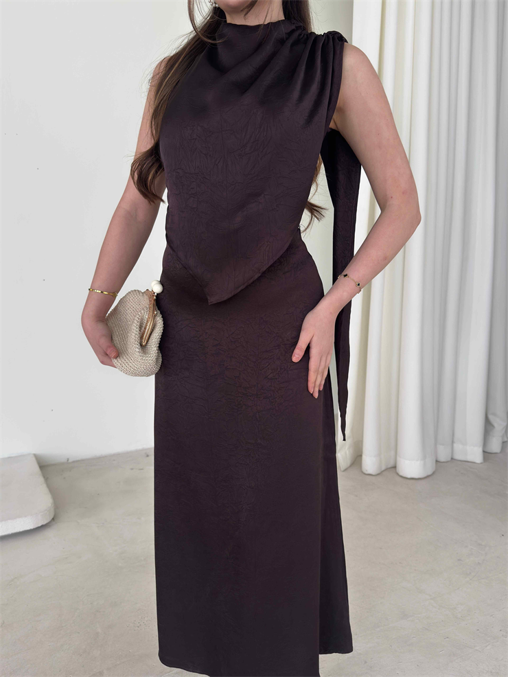 Asimetrik Kesim Drape Detaylı Kendinden Şallı Hevren Kahve Kadın İkili Takım 26Y052