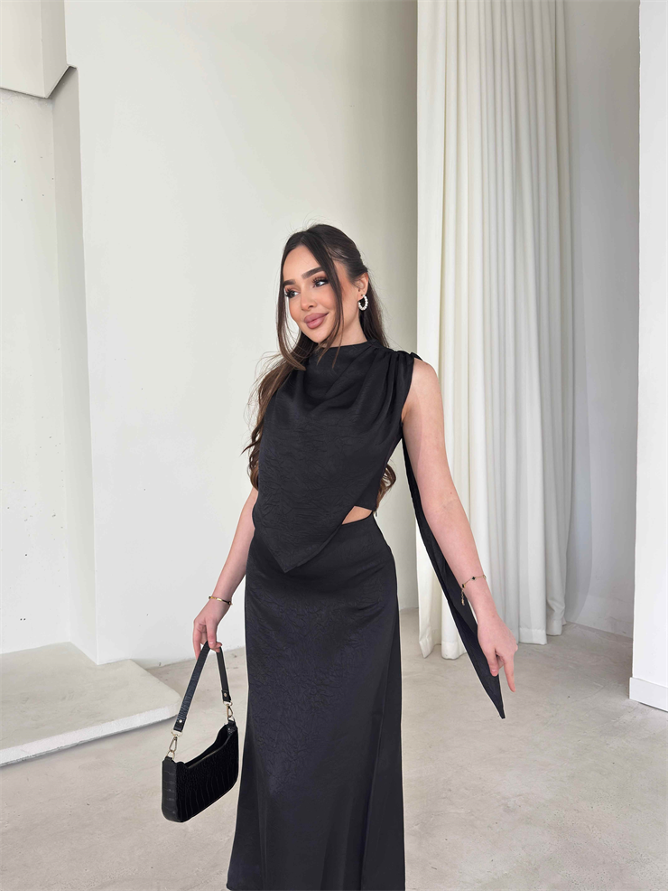 Asimetrik Kesim Drape Detaylı Kendinden Şallı Hevren Siyah Kadın İkili Takım 26Y052