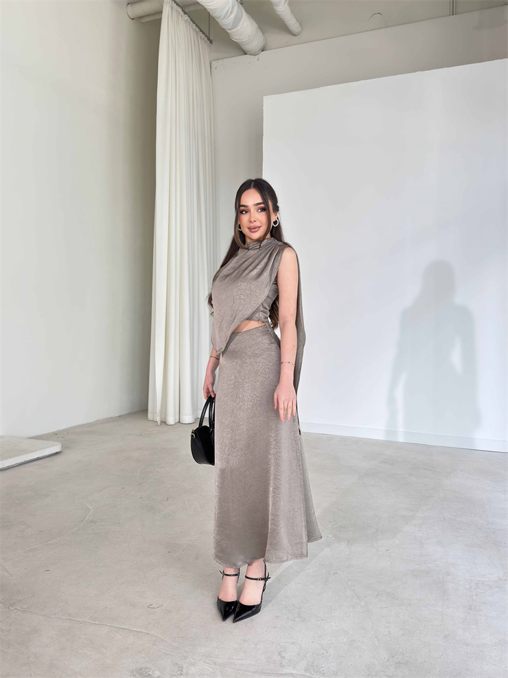 Asimetrik Kesim Drape Detaylı Kendinden Şallı Hevren Haki Kadın İkili Takım 26Y052