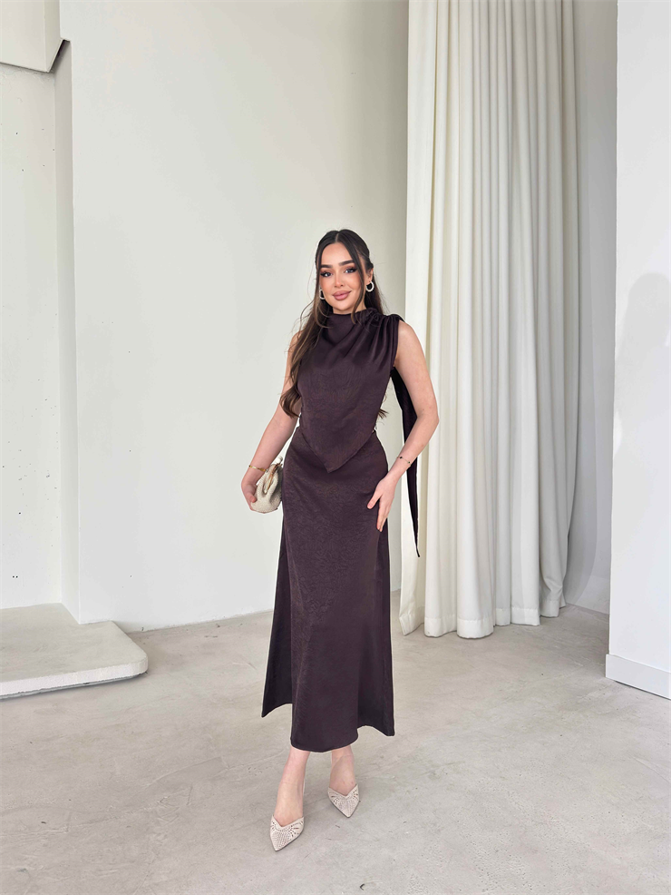 Asimetrik Kesim Drape Detaylı Kendinden Şallı Hevren Kahve Kadın İkili Takım 26Y052