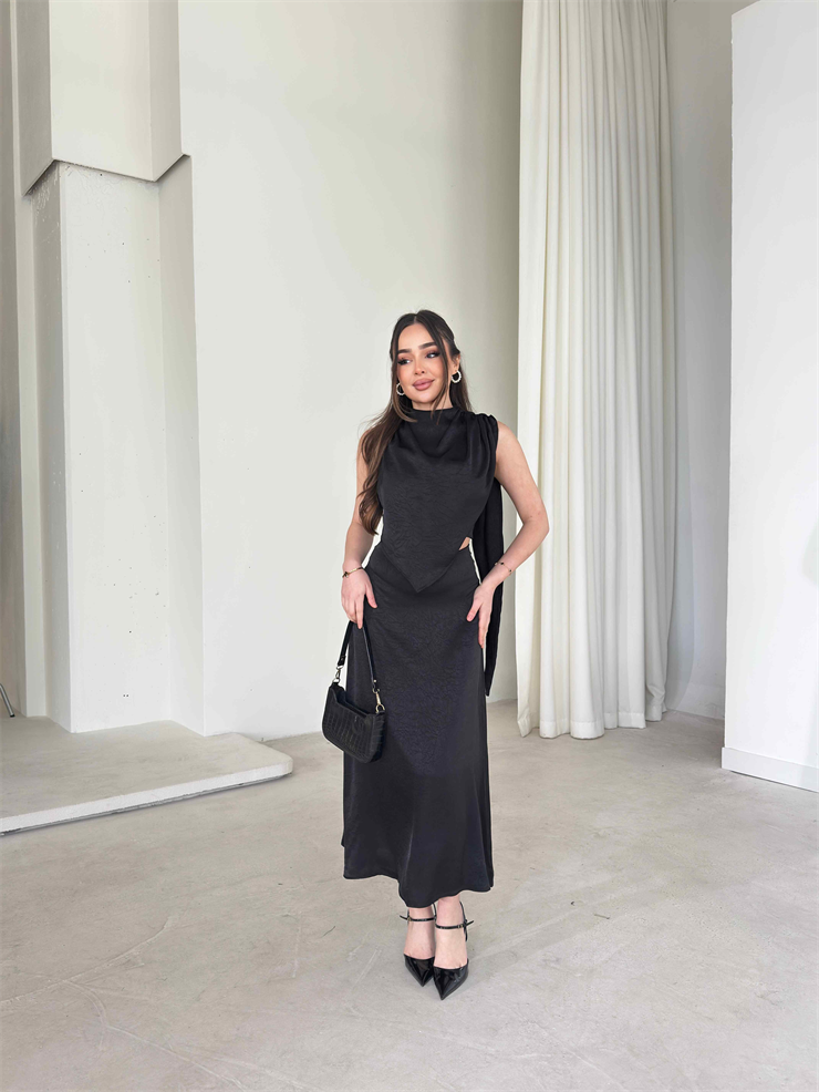 Asimetrik Kesim Drape Detaylı Kendinden Şallı Hevren Siyah Kadın İkili Takım 26Y052