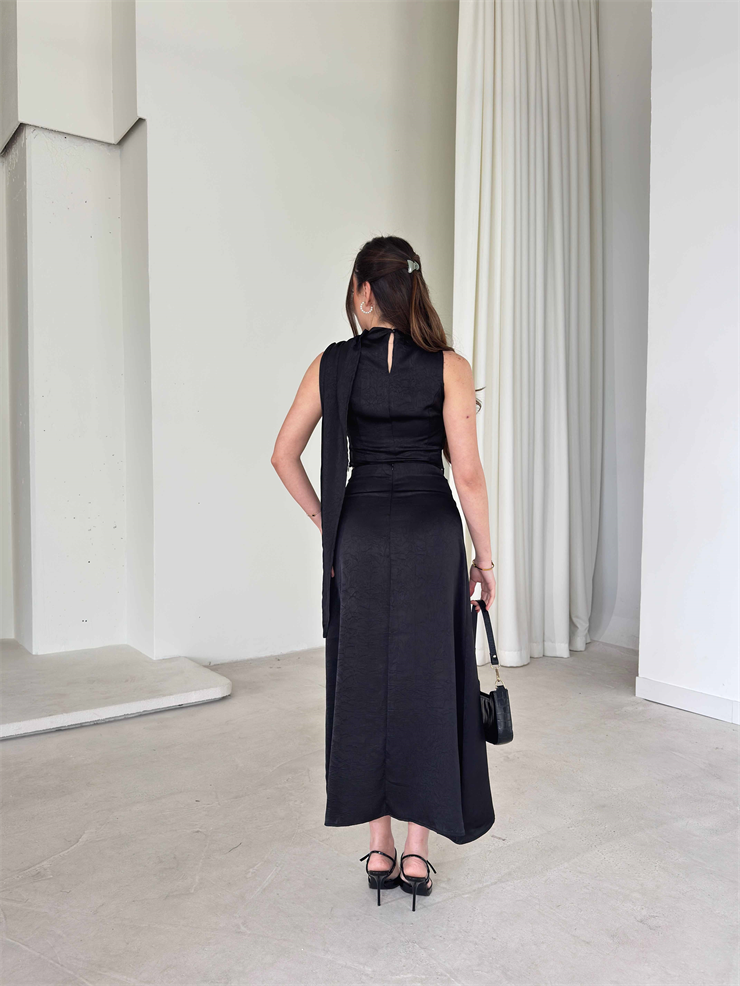 Asimetrik Kesim Drape Detaylı Kendinden Şallı Hevren Siyah Kadın İkili Takım 26Y052