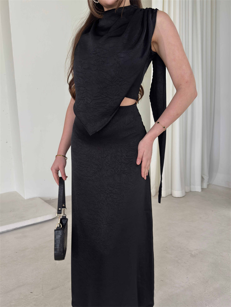 Asimetrik Kesim Drape Detaylı Kendinden Şallı Hevren Siyah Kadın İkili Takım 26Y052