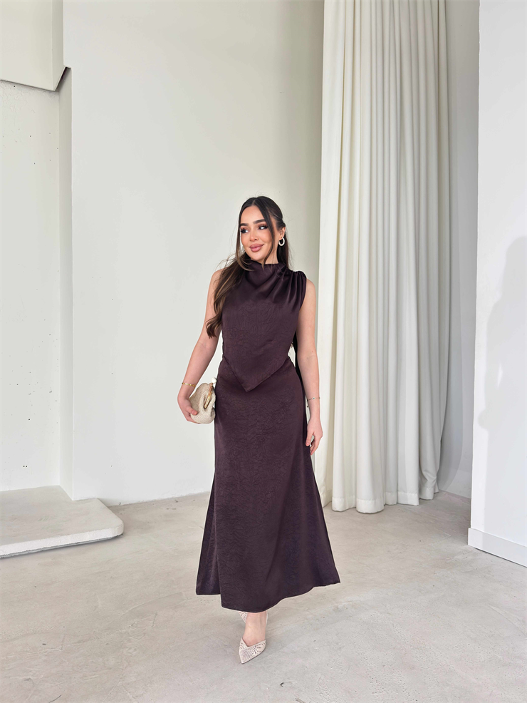 Asimetrik Kesim Drape Detaylı Kendinden Şallı Hevren Kahve Kadın İkili Takım 26Y052