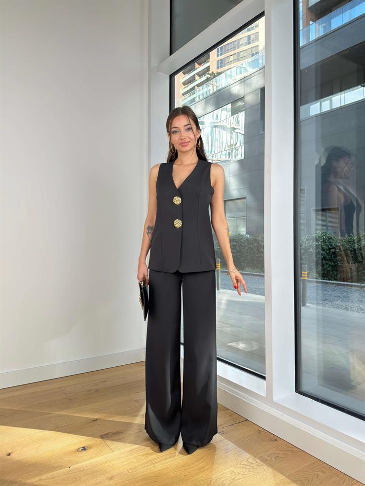 Büyük Düğmeli Yelek Yüksek Bel Bol Paça Pantolon Heymi Siyah Kadın Takım 25K317