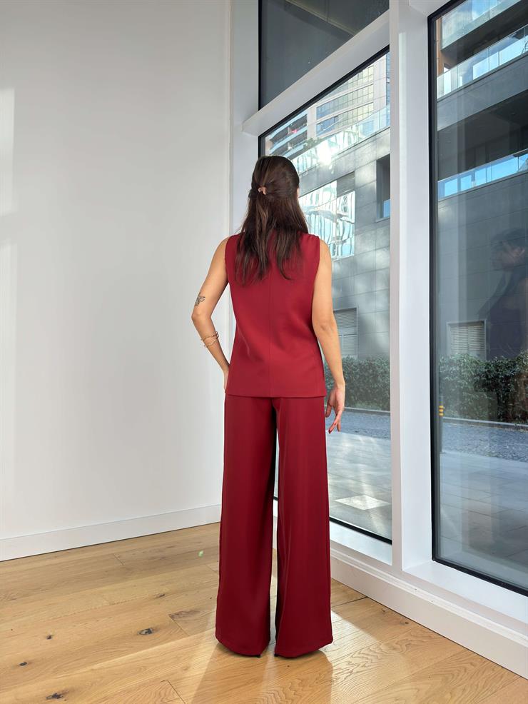 Büyük Düğmeli Yelek Yüksek Bel Bol Paça Pantolon Heymi Bordo Kadın Takım 25K317