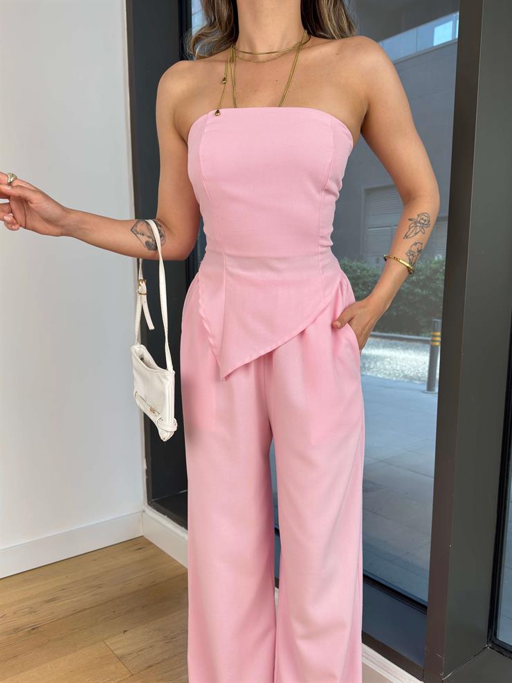 Straplez Asimetrik Bluz Yüksek Bel Bol Paça Pantolon Heyor Pembe Kadın Takım 25Y482