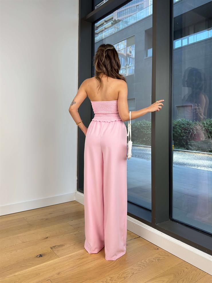 Straplez Asimetrik Bluz Yüksek Bel Bol Paça Pantolon Heyor Pembe Kadın Takım 25Y482