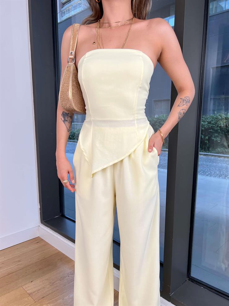 Straplez Asimetrik Bluz Yüksek Bel Bol Paça Pantolon Heyor Sarı Kadın Takım 25Y482