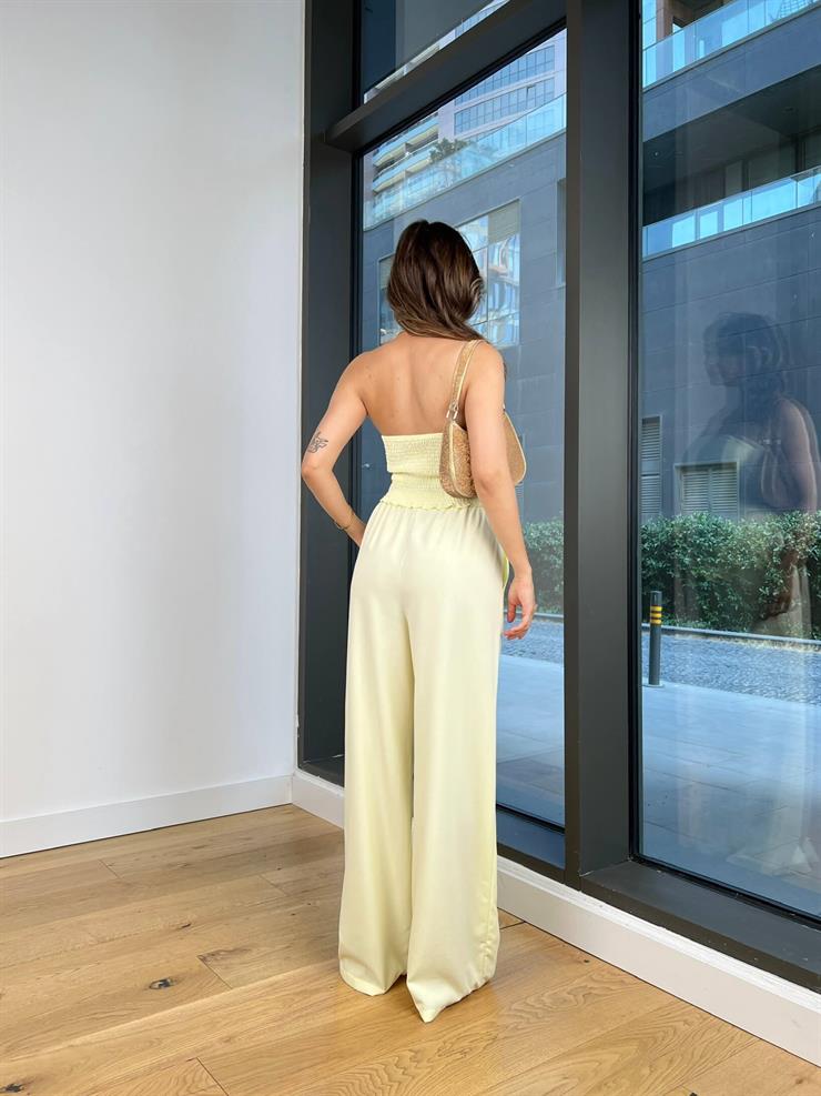 Straplez Asimetrik Bluz Yüksek Bel Bol Paça Pantolon Heyor Sarı Kadın Takım 25Y482
