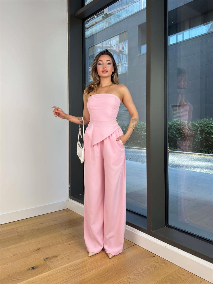 Straplez Asimetrik Bluz Yüksek Bel Bol Paça Pantolon Heyor Pembe Kadın Takım 25Y482