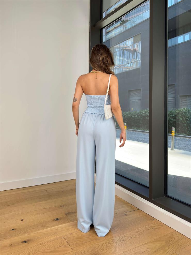 Straplez Asimetrik Bluz Yüksek Bel Bol Paça Pantolon Heyor Mavi Kadın Takım 25Y482