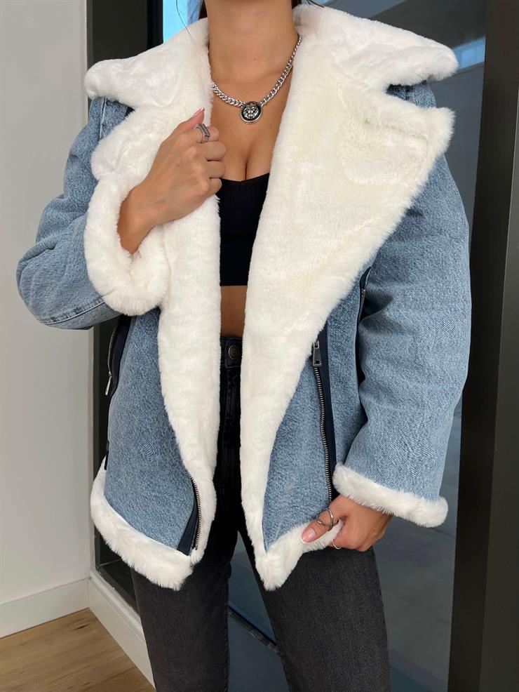 İçi Kürklü Hillary Kadın Mavi Kot Mont 24k208