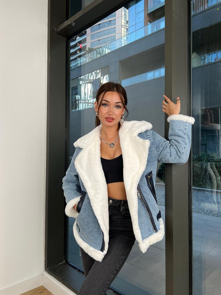 İçi Kürklü Hillary Kadın Mavi Kot Mont 24k208