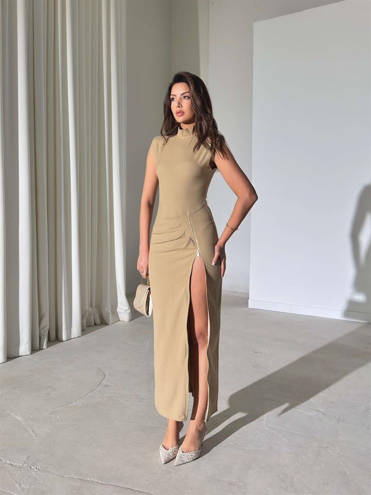 Fermuar Detaylı Sıfır Kol Hillonde Vizon Kadın Elbise 26Y001