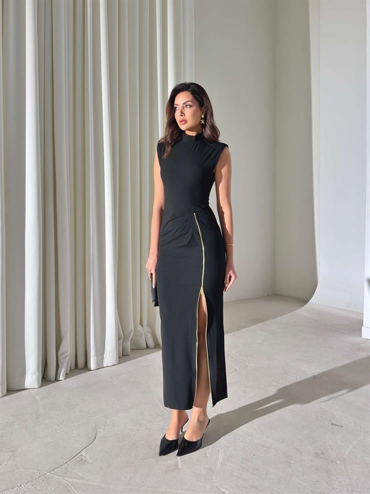 Fermuar Detaylı Sıfır Kol Hillonde Siyah Kadın Elbise 26Y001