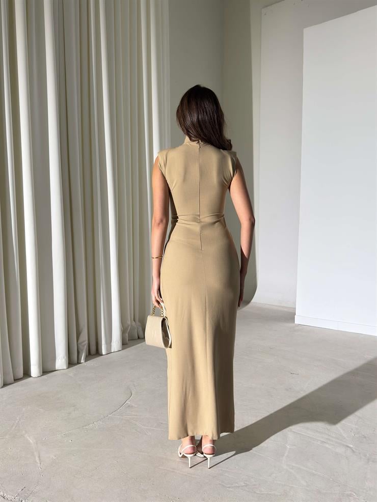 Fermuar Detaylı Sıfır Kol Hillonde Vizon Kadın Elbise 26Y001