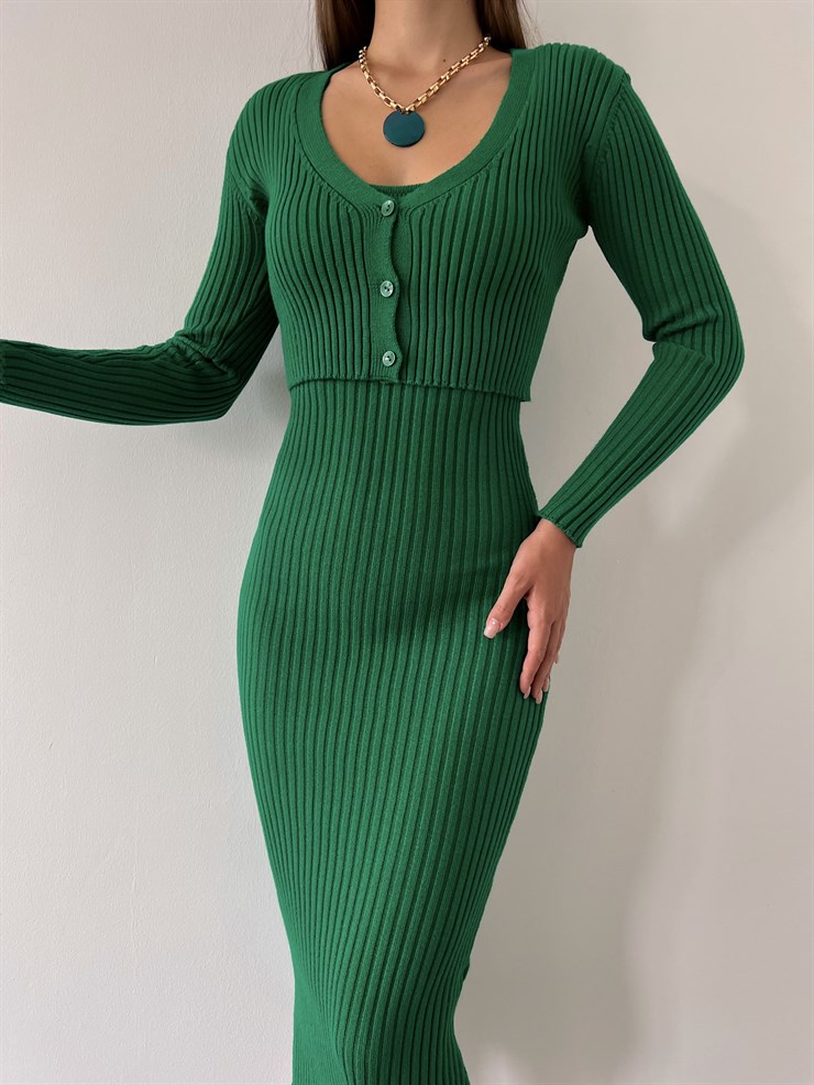 Hırkası Düğme Kapamalı Kalp Yaka Askılı Triko Milena Kadın Yeşil Midi Boy Takım Elbise 23K000157