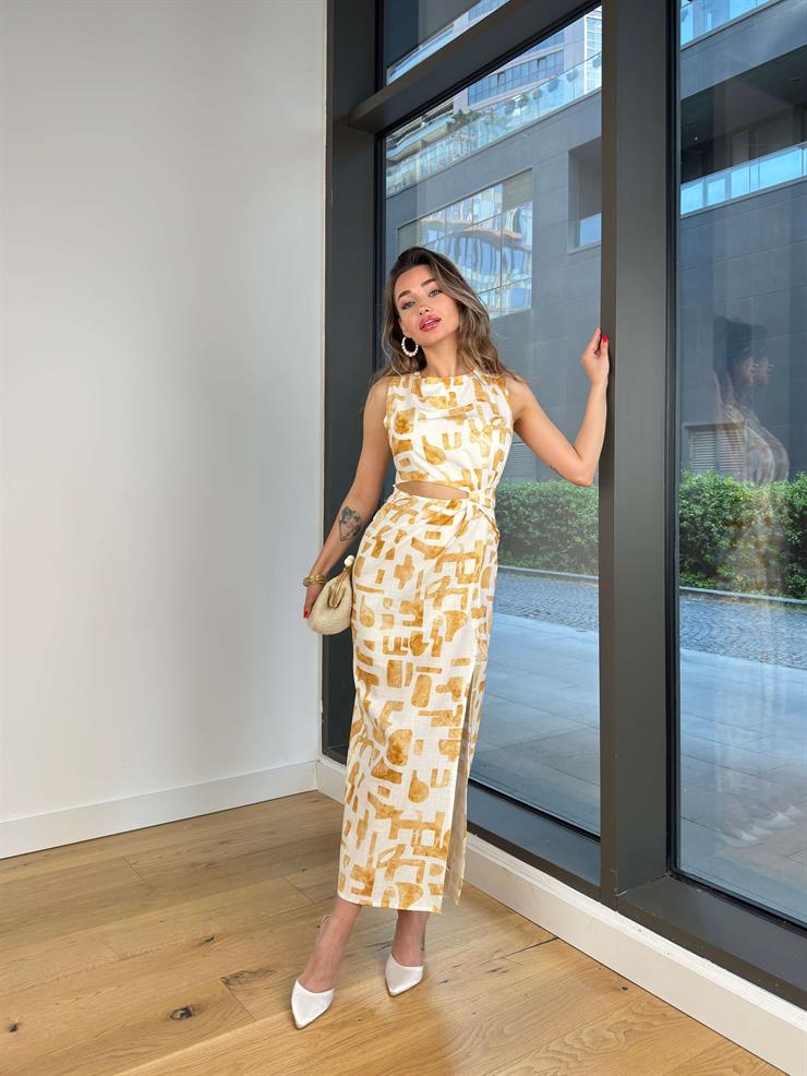Beli Pencere Detaylı Hithit Sarı Kadın Desenli Elbise 25Y369