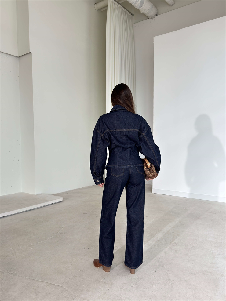 Belden Oturtmalı Önü Düğmeli Balon Kol Hivra Lacivert Kadın Kot İkili Takım 26Y032