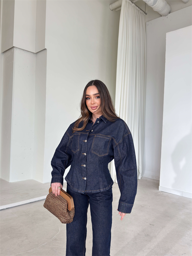 Belden Oturtmalı Önü Düğmeli Balon Kol Hivra Lacivert Kadın Kot İkili Takım 26Y032