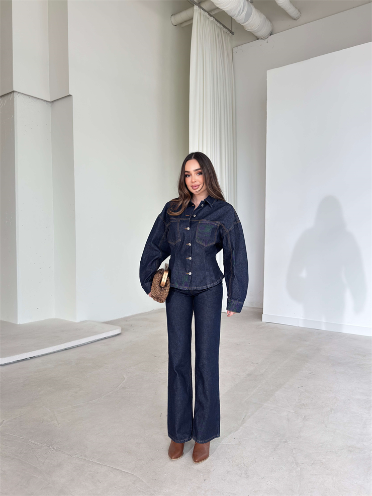 Belden Oturtmalı Önü Düğmeli Balon Kol Hivra Lacivert Kadın Kot İkili Takım 26Y032