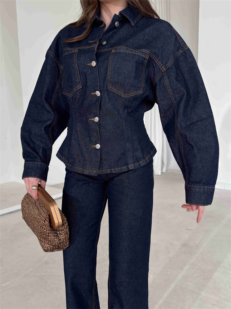 Belden Oturtmalı Önü Düğmeli Balon Kol Hivra Lacivert Kadın Kot İkili Takım 26Y032