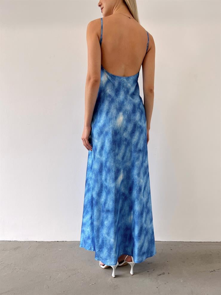 Askılı V Yaka Hola Kadın Desenli Mavi Elbise 23Y000352