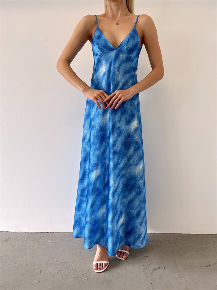 Askılı V Yaka Hola Kadın Desenli Mavi Elbise 23Y000352