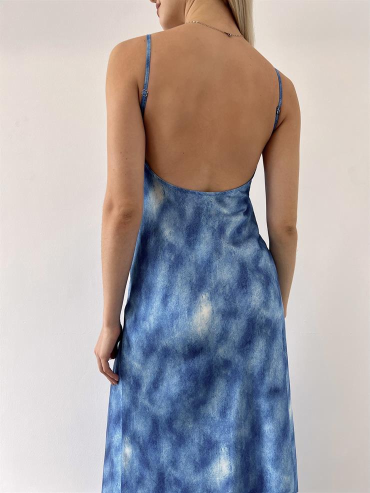 Askılı V Yaka Hola Kadın Desenli Mavi Elbise 23Y000352