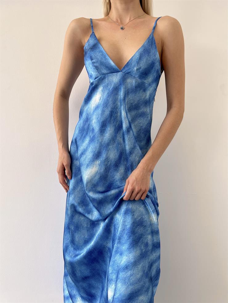 Askılı V Yaka Hola Kadın Desenli Mavi Elbise 23Y000352