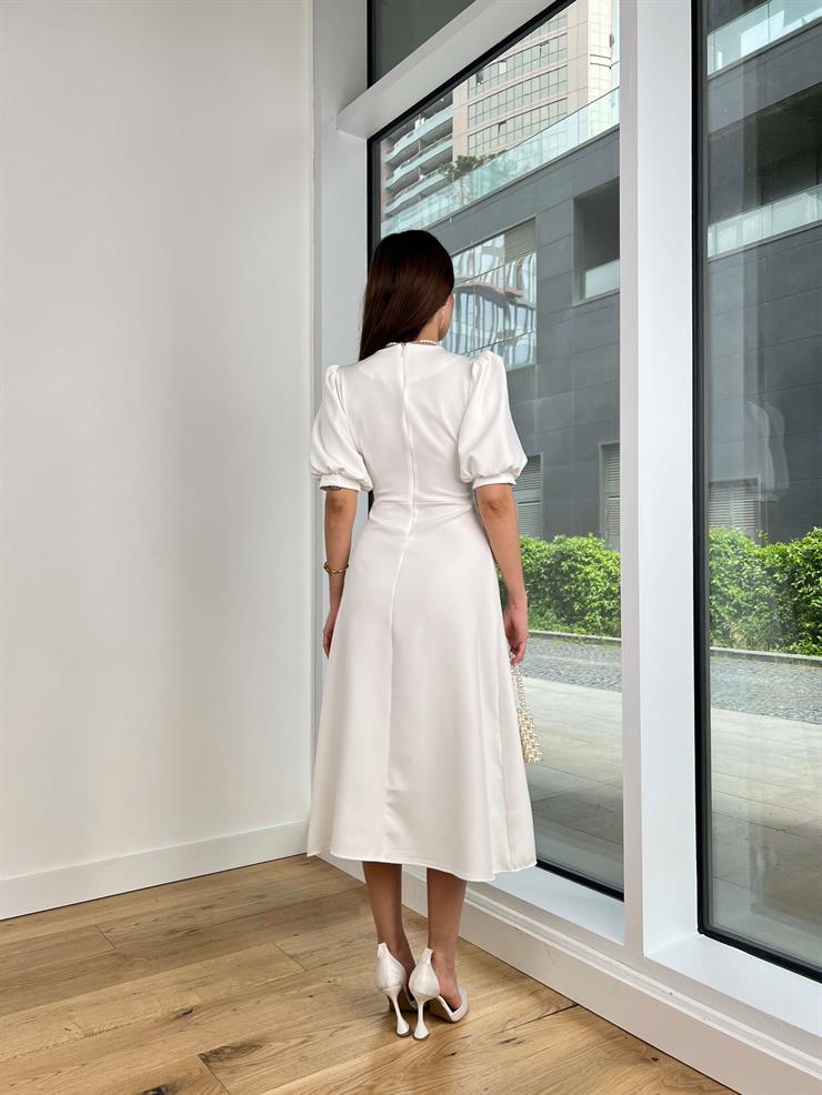 V Yaka Balon Kol Düğme Detaylı Holger Kadın Beyaz Midi Elbise 24Y314