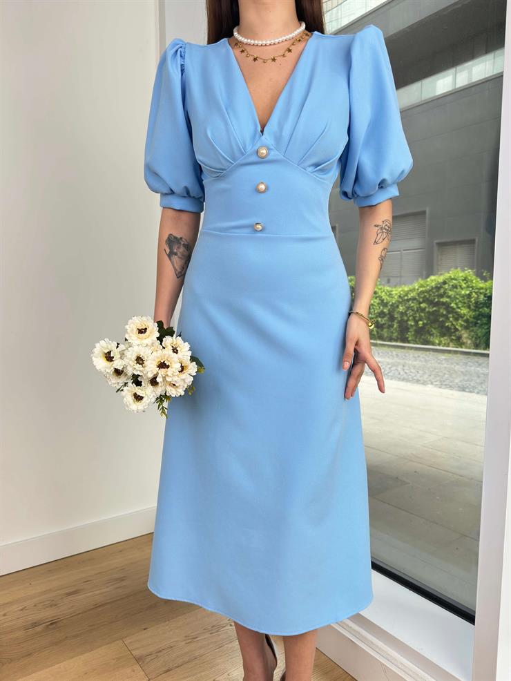 V Yaka Balon Kol Düğme Detaylı Holger Kadın Mavi Midi Elbise 24Y314