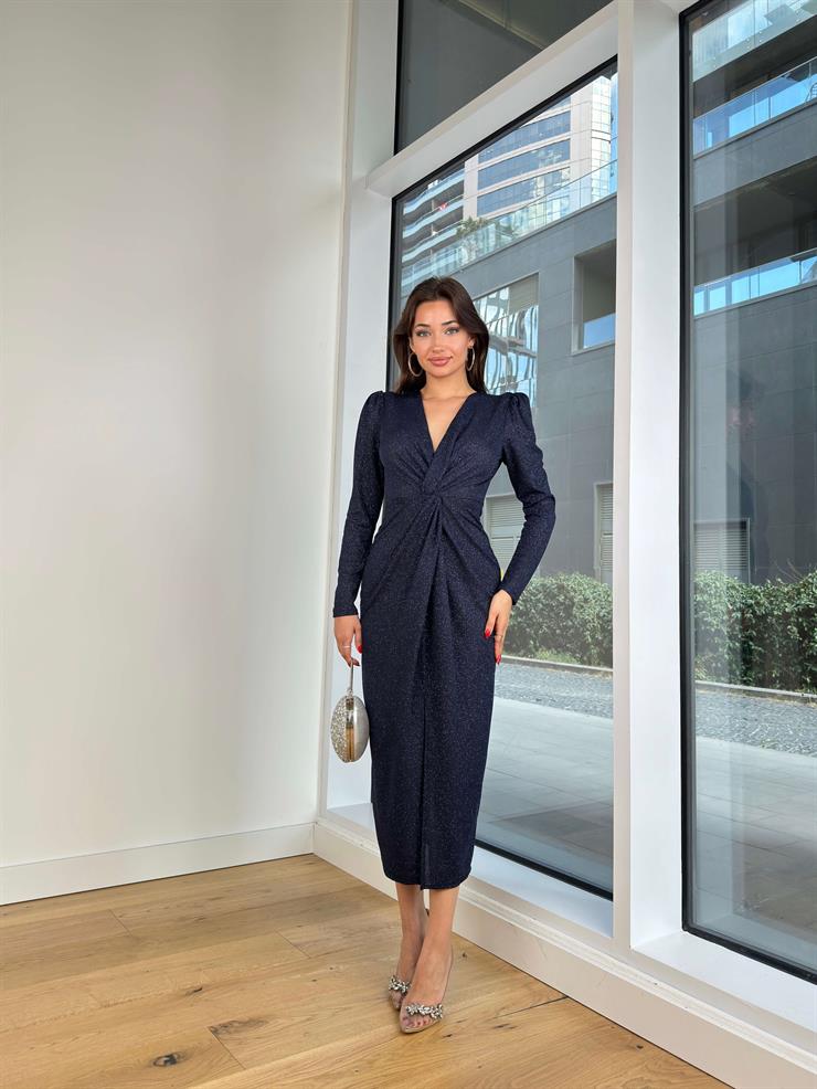 V Yaka Önü Büzgü Detaylı Holman Lacivert Kadın Elbise 25K303