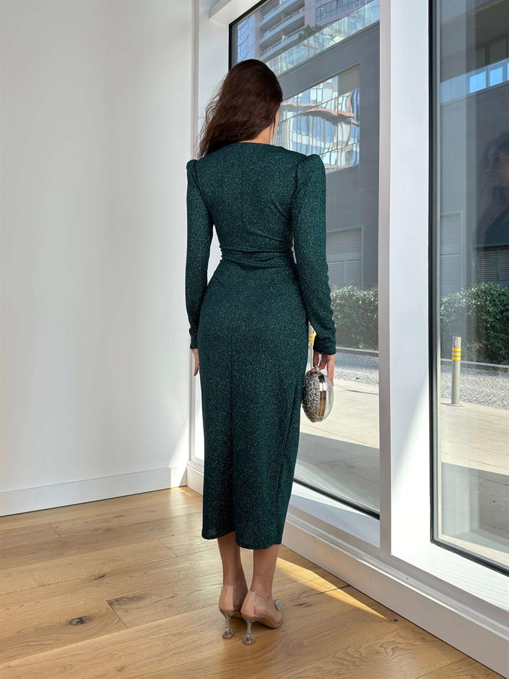 V Yaka Önü Büzgü Detaylı Holman Zümrüt Kadın Elbise 25K303