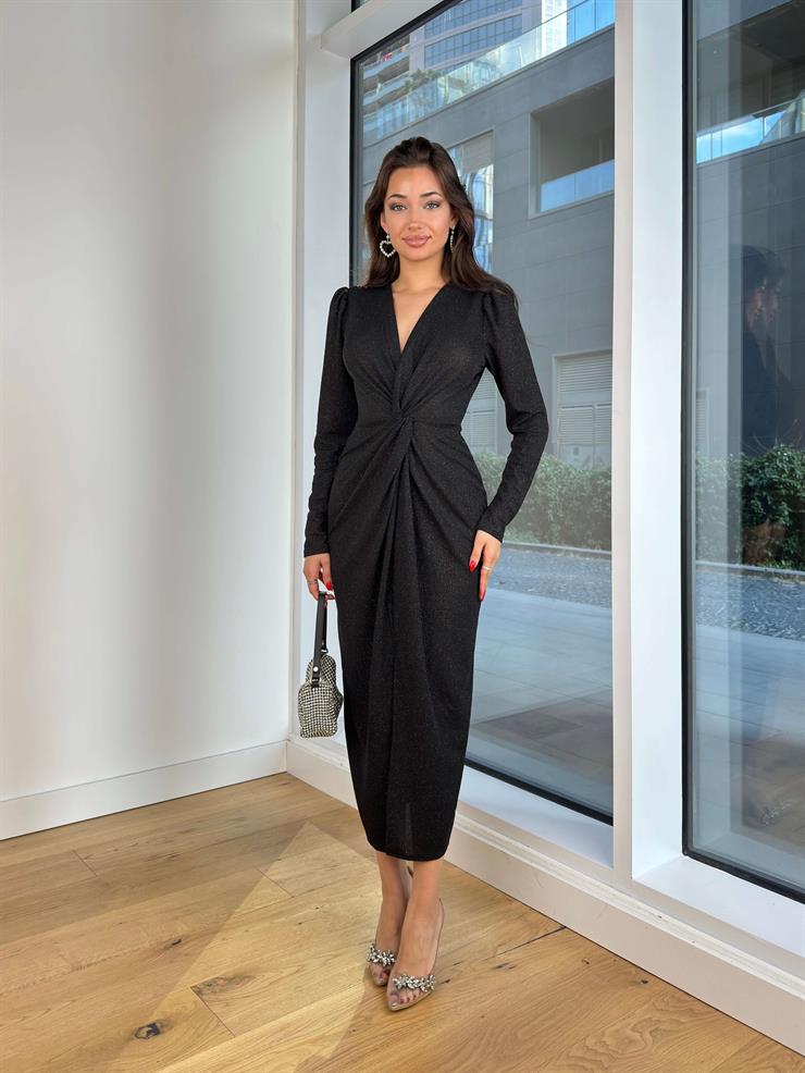 V Yaka Önü Büzgü Detaylı Holman Siyah Kadın Elbise 25K303