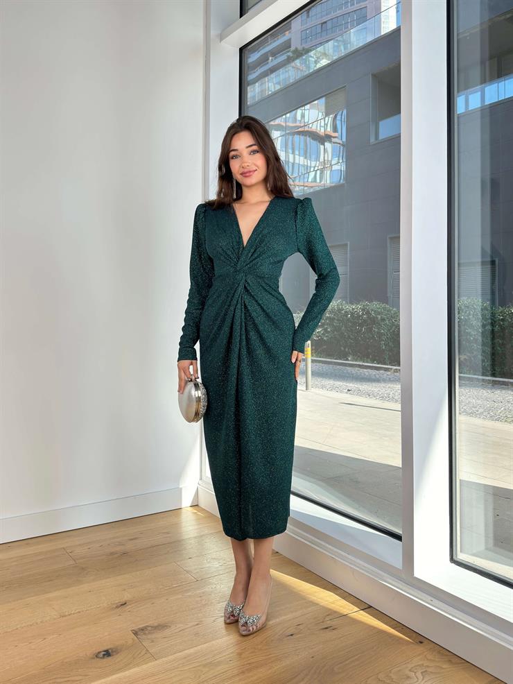 V Yaka Önü Büzgü Detaylı Holman Zümrüt Kadın Elbise 25K303